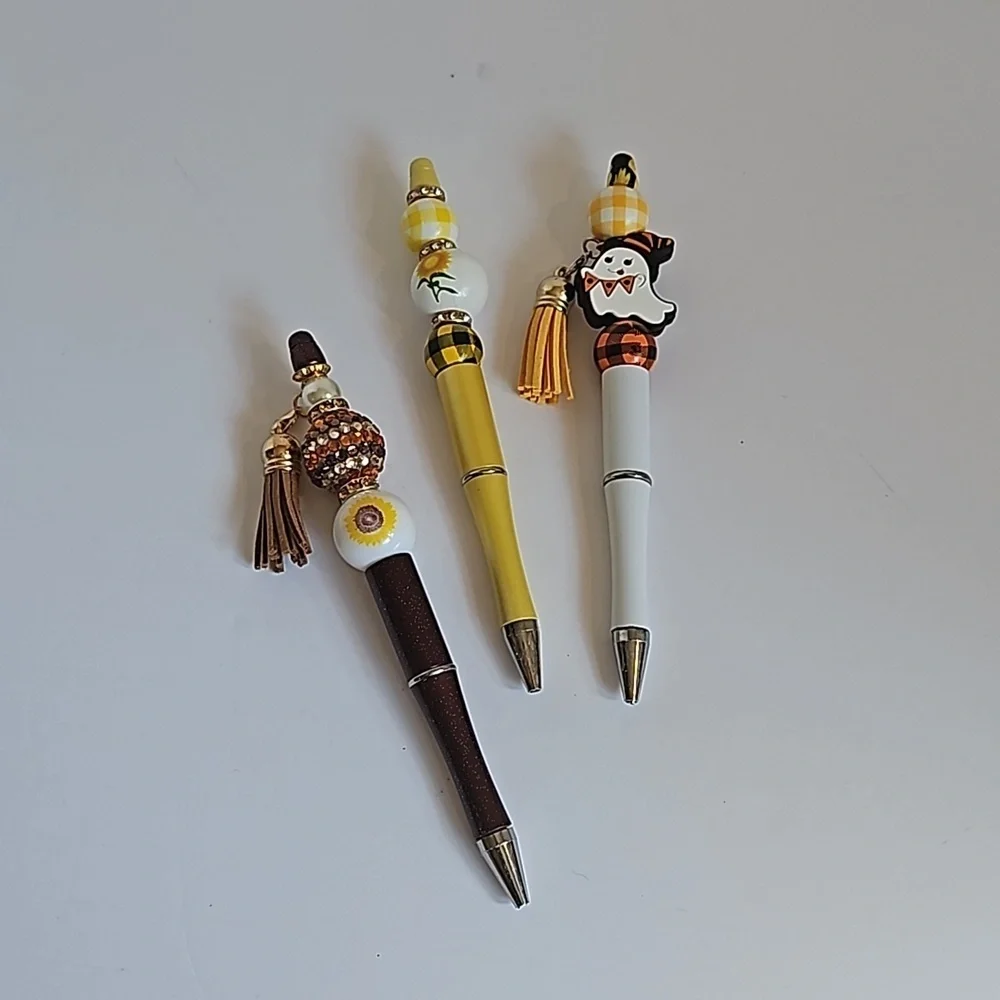 Hand Crafted 3-Set Pens Black Ink Beaded Fall Halloween Sunflower Harvest Design